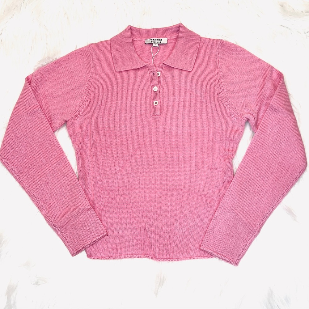 Frankie’s Bikinis Rose Pink Mary Jane Cashmere Polo Sweater NWT Size Large